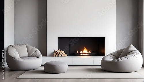 Sofa and pouf against wall with fireplace. Minimalist interior design of modern living room, home. 