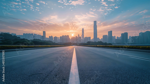 Straight asphalt road and modern city skyline with buildings in Guangzhou at sunset, China