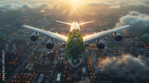 Sustainable aviation fuel concept, Net zero emissions flight, Sustainability transportation, Eco-friendly aviation fuel, Air travel, Future of flight with green innovation, Airplane use biofuel energy