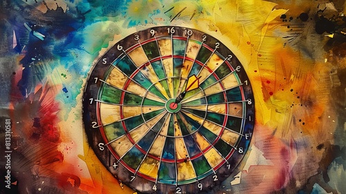 Vibrant watercolor scene of a dart firmly in the bullseye, the board glowing with surrounding colors, creating a picturesque atmosphere