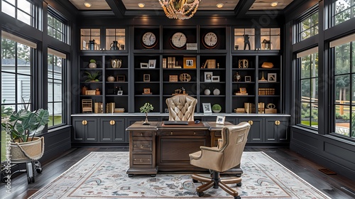 A chic home office with black walls, white built-in shelves, and gold accents, providing a stylish and organized workspace for creativity and productivity