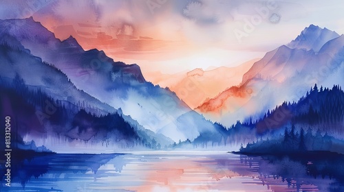 Watercolor depiction of a lake surrounded by mist-clad peaks, with warm sunset hues softly illuminating the serene scene