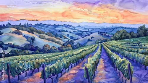 Watercolor painting showing rows of grapevines winding through rolling hills, twilight colors filling the sky with soft oranges and purples