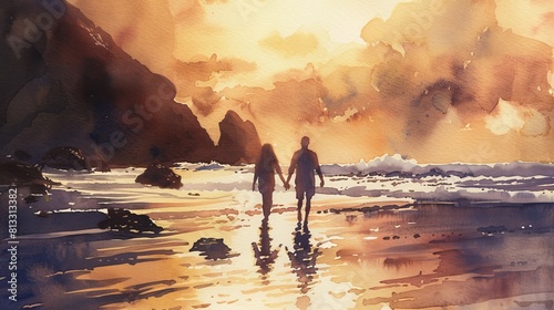 Watercolor scene of a couple holding hands on a beach at sunset, their silhouettes bathed in warm golden light, waves gently lapping at their feet