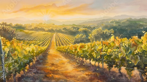 Watercolor scene of a vineyard at sunrise, rows of grapevines glowing with warm golden hues under the first rays of sunlight