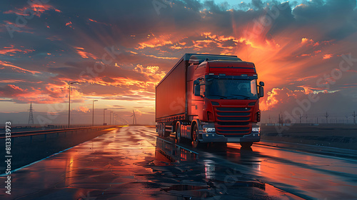 Truck on highway road with red container, transportation concept.,import,export logistic industrial Transporting Land transport on the asphalt expressway with sunrise sky