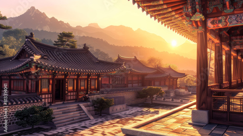 Korean palace at dawn, the warm sunlight casting golden hues over the ancient wooden structures