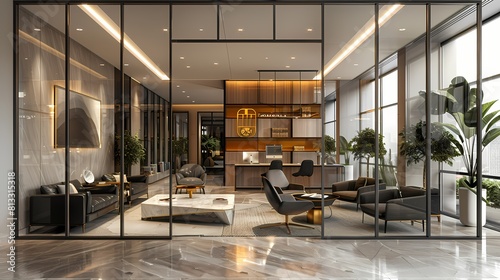 A contemporary office lounge with glass partitions, black leather seating pods, and white marble coffee tables accented by gold trimmings, offering a chic space for informal meetings