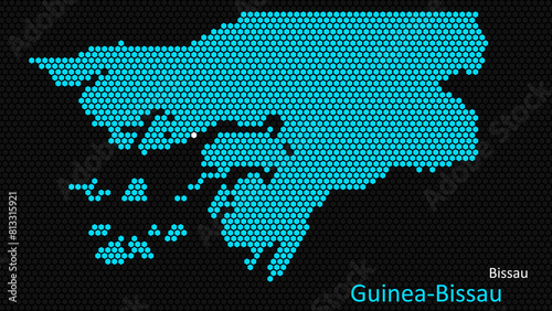 A map of Guinea-Bissau, with a dark background and the country's outline in the shape of a colored hexagon, centered around the capital. A simple sketch of the country