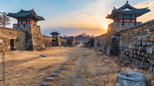 Sunny day at a historic Korean fortress with stone walls and traditional watchtowers, bathed in warm sunlight against a backdrop of a bright blue sky
