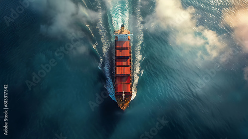 webinar banner, Aerial top view of cargo ship with contrail and smart icons on the ocean sea , ship carrying container export from container custom ocean concept freight shipping forwarder mast