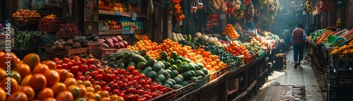 Marketplace bustling with a variety of colorful fruits and vegetables, enticing local shoppers