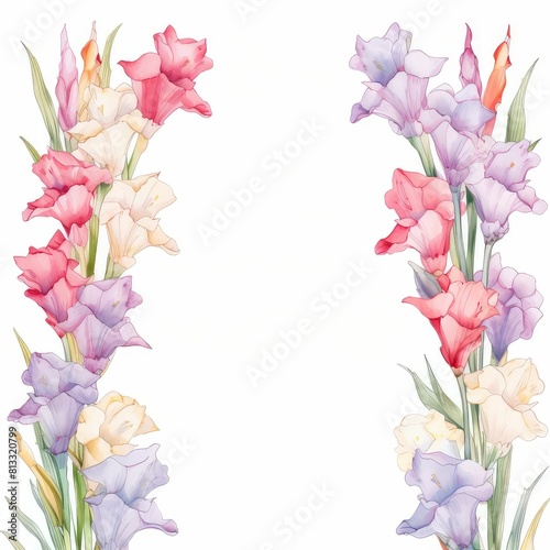 gladiolus themed frame or border for photos and text.tall spikes of colorful blooms. watercolor illustration, flowers frame, botanical border, Watercolor Flowers Frame.