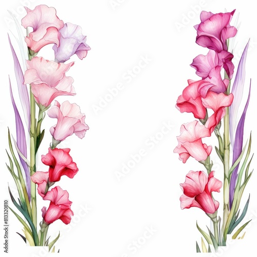 gladiolus themed frame or border for photos and text.tall spikes of colorful blooms. watercolor illustration, flowers frame, botanical border, Watercolor Flowers Frame.