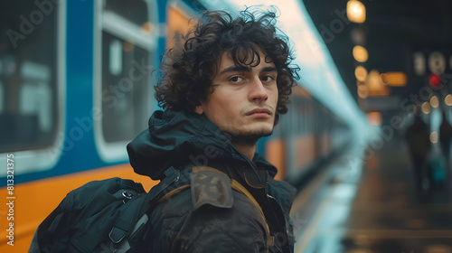 Young Man with curly hair at train station