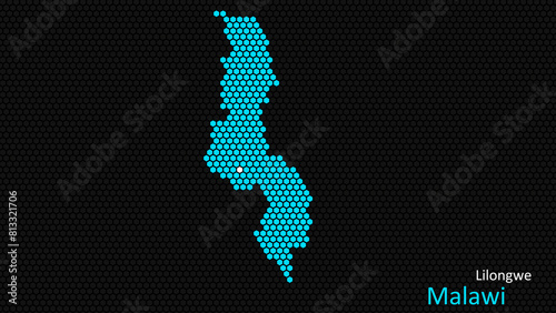 A map of Malawi, with a dark background and the country's outline in the shape of a colored hexagon, centered around the capital. A simple sketch of the country