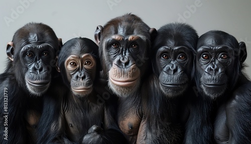 Intimate Portrait of Five Chimpanzees Grouped Together