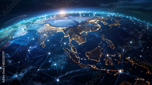 "Digital world globe focused on South East Asia, idea of worldwide network and connections on Earth, data moving and cyber tech, info exchange and global telecommunication"