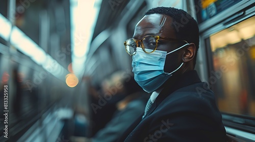 African American businessMan wearing protective mask while traveling by public transportation,