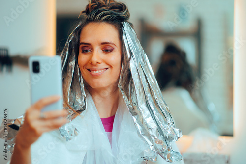  Hair Salon Client Taking a Selfie with Foils in her Hair Funny woman having a sense of humor taking self portraits 