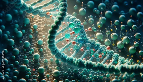 Close-up view of a hyper-realistic futuristic medical research scene, showing a detailed interaction between a DNA helix and targeted medications.