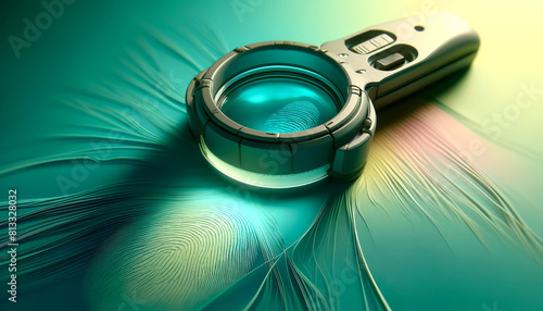 A hyper-realistic image of a futuristic forensic magnifying glass in use, designed for cutting-edge crime scene analysis.