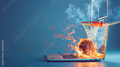 Basketball and hoop with fireflame coming out with laptop. Online gaming vs. physical sports