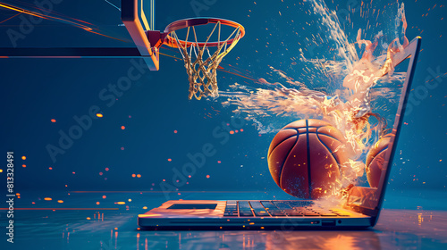 Basketball and hoop with fireflame coming out with laptop. Online gaming vs. physical sports