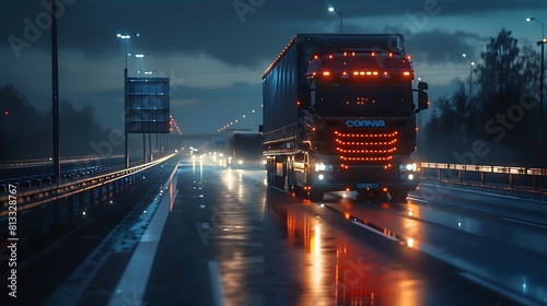Background photograph of a highway in night, Trucks drive on a highway, motion blur and light trails, Evening or night shot of trucks, transportation, logistics on a highway or freeway