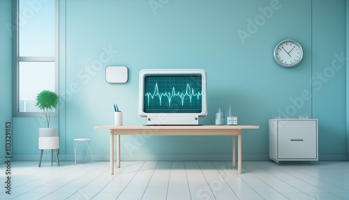 清潔感のある診察室のデスクに置かれたモニターに映る心電図イメージ