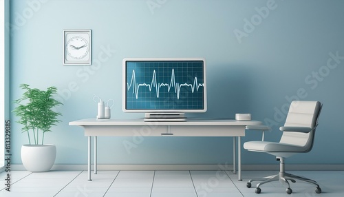 清潔感のある診察室のデスクに置かれたモニターに映る心電図イメージ