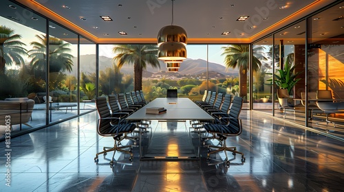 A modern glass-walled conference room with black leather chairs, a white conference table, and gold pendant lights hanging from the ceiling, creating an atmosphere of elegance and productivity