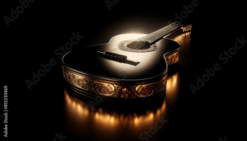 A guitar with gold accents and a black background