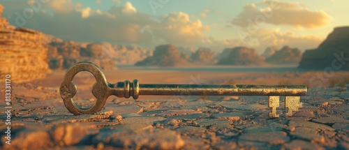 A timeless golden key in a surreal desert, symbolizing the secrets to financial success