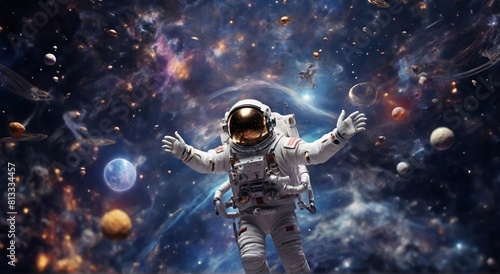 In a euphoric moment, the astronaut's soul dances amidst the stars as they make their inaugural touchdown in outer space. Illustration of a space traveler