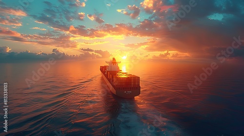 Container cargo ship in the ocean at sunset blue sky background with copy space, Nautical vessel and sea freight shipping, International global business logistics transportation import export concept