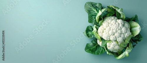 A fresh, vibrant cauliflower with a high-angle view, highlighting its intricate florets and crisp texture in photorealistic detail., Flat lay isolated on solid background with empty space.