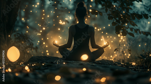 "A woman doing yoga meditation in nature, finding mindfulness, spiritual awareness, and inner peace, surrounded by mystical light effects"
