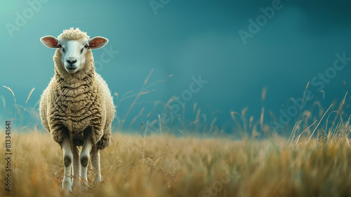 Eid ul Adha Mubarak concept, happy Eid al Adha, sheep with blue background