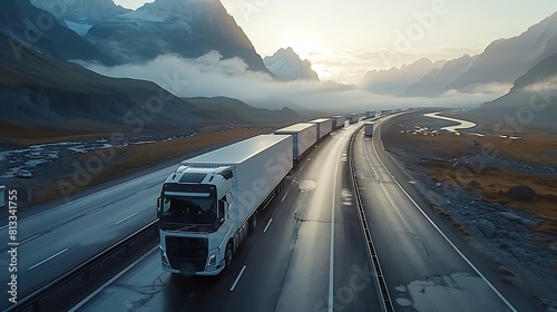 Convoy of white Trucks with containers on highway, cargo transportation concept in springtime - freight service