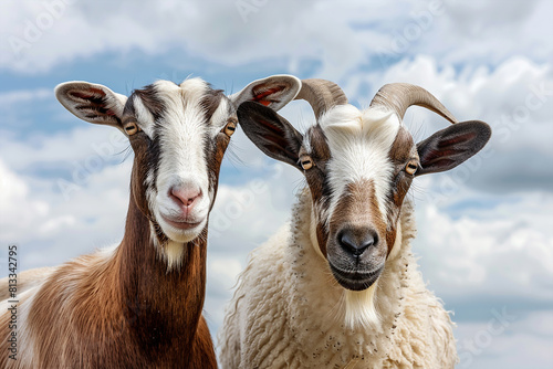 Goats on white background with clouds. Eid ul adha concept 