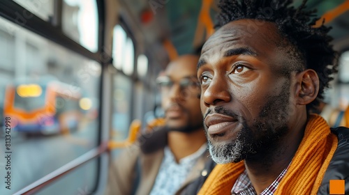 Diverse man and Man couple passengers talking while riding in a bus, Young diverse people going to work by public transport, African American Man talking to his male friend while traveling by bus