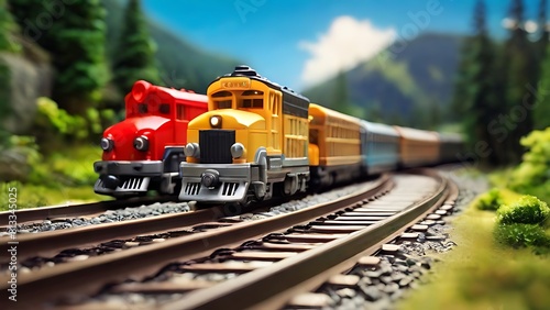 Toy train. Close-up on blurred background.