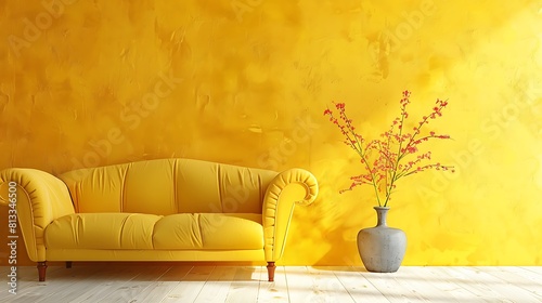 Sofa with yellow wall flower in big vase