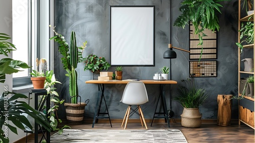 Stylish and scandinavian interior of home office with mock up poster frame botany and forest concept of home decor