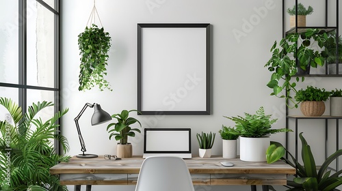 Stylish and scandinavian interior of home office with mock up poster frame botany and forest concept of home decor
