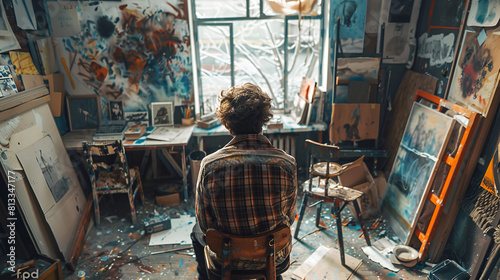 Poor Artist Sits and Imagines the Art He Is About to Create, Creativity and Inspiration Concept, Artistic Vision, Generative Ai