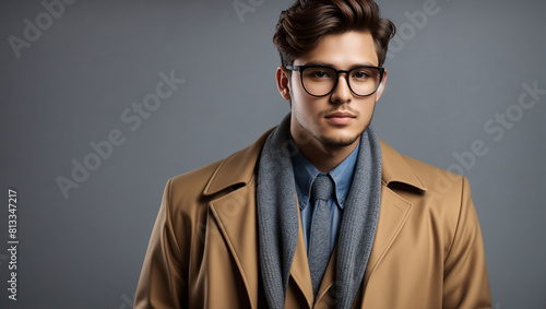  a young man wearing glasses, a brown coat, and a blue shirt.