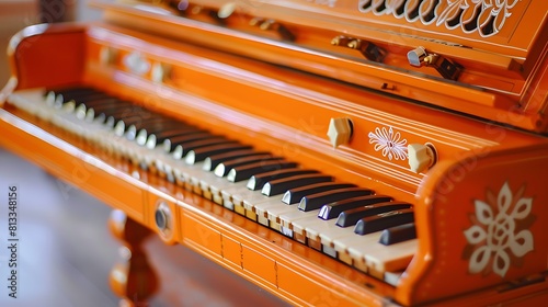 Traditional musical organ instrument harmonium orange color
