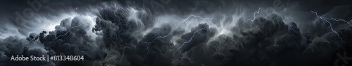 Black storm clouds with lightnings and smoke isolated on transparent background 